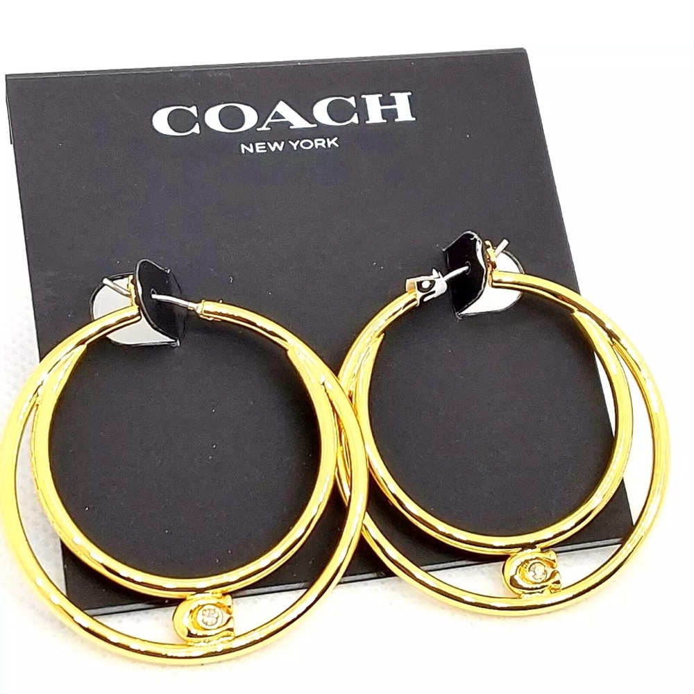 NWT COACH Women's Signature Double Hoop Gold Earrings with Cubic Zirconia Detail - Picture 6 of 13